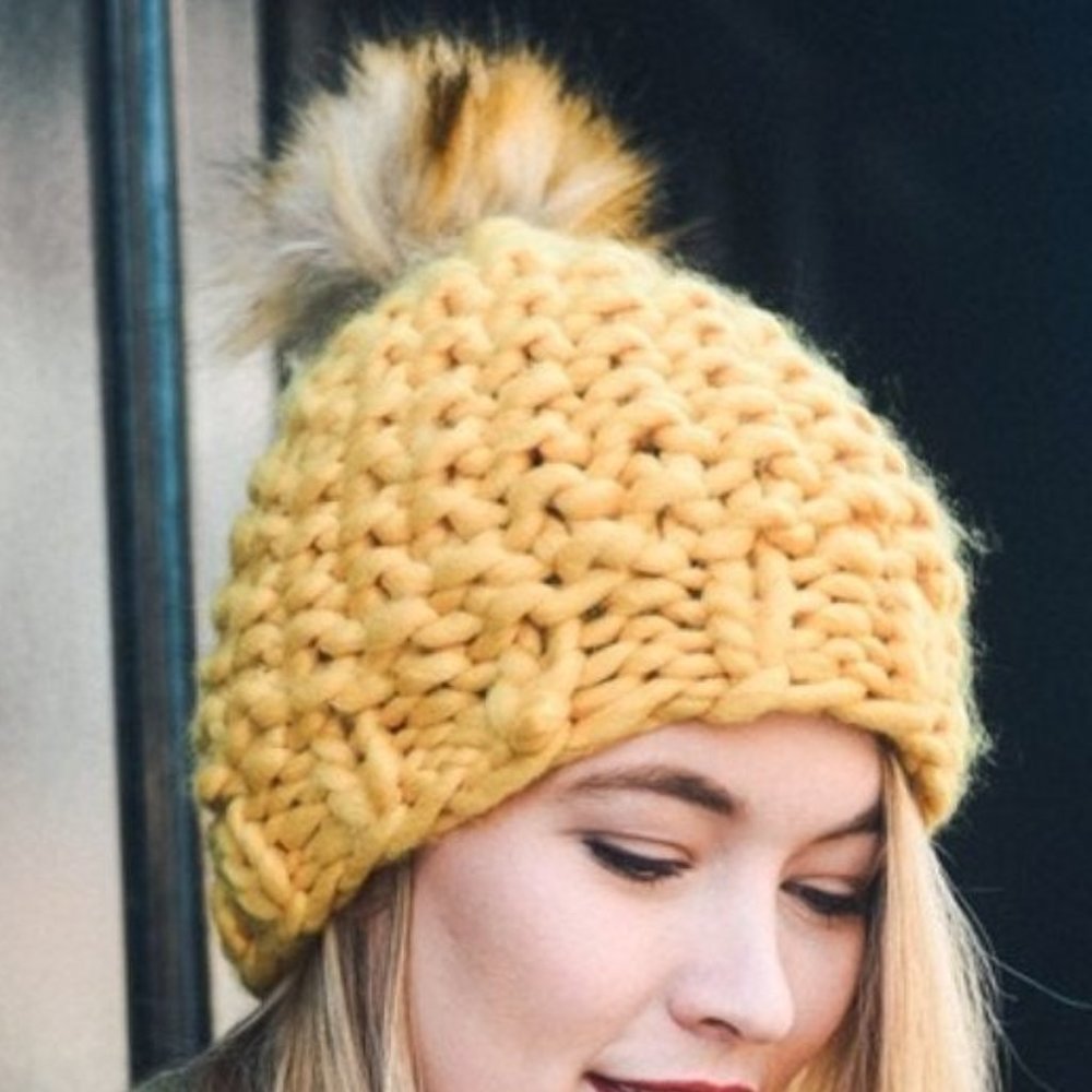Hip Mustard Chunky Knit Fur Pom Beanie